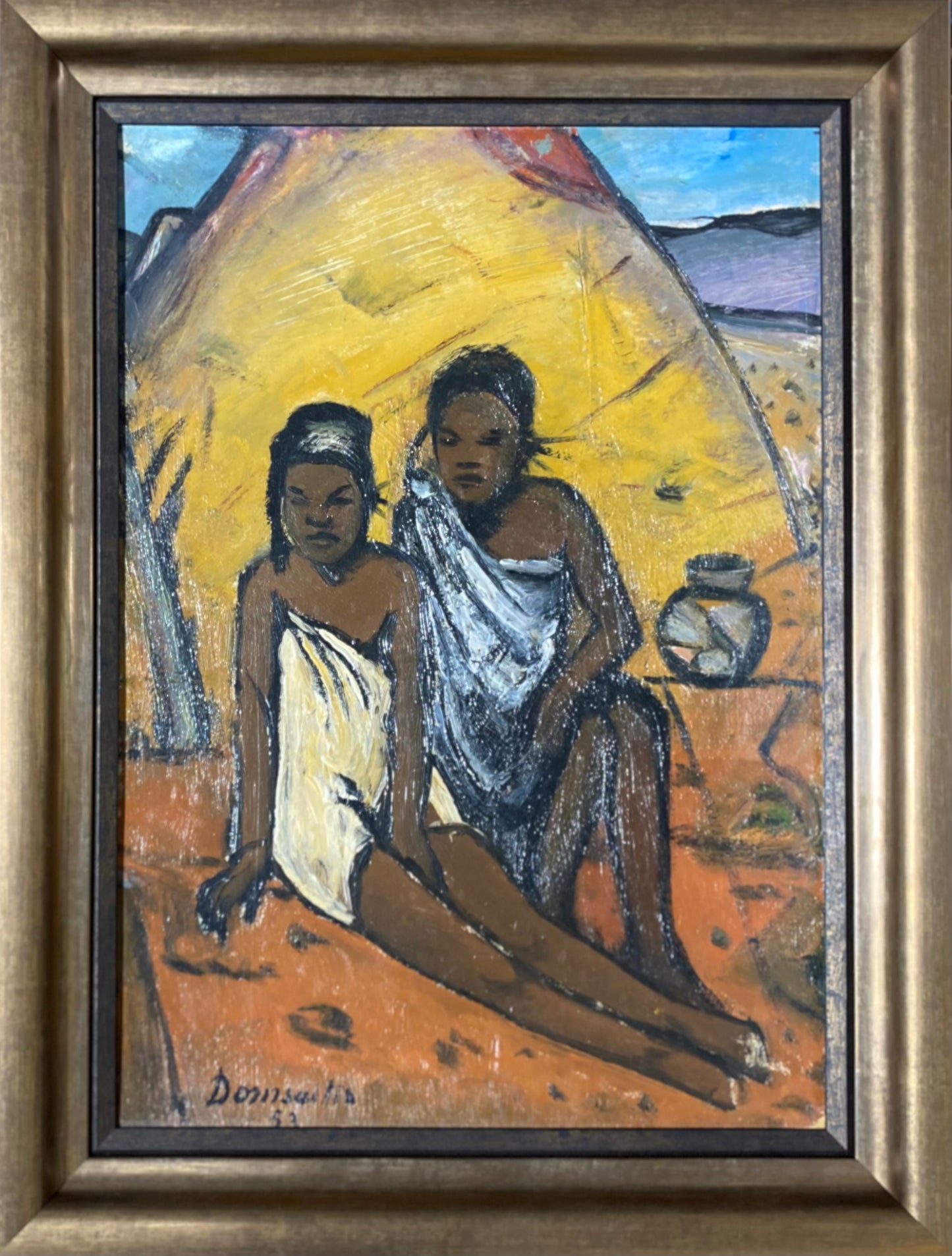 Pranas Domšaitis | Dvi moterys prie trobelės, 1953 | Aliejus, kartonas, 48x34 (59x45)