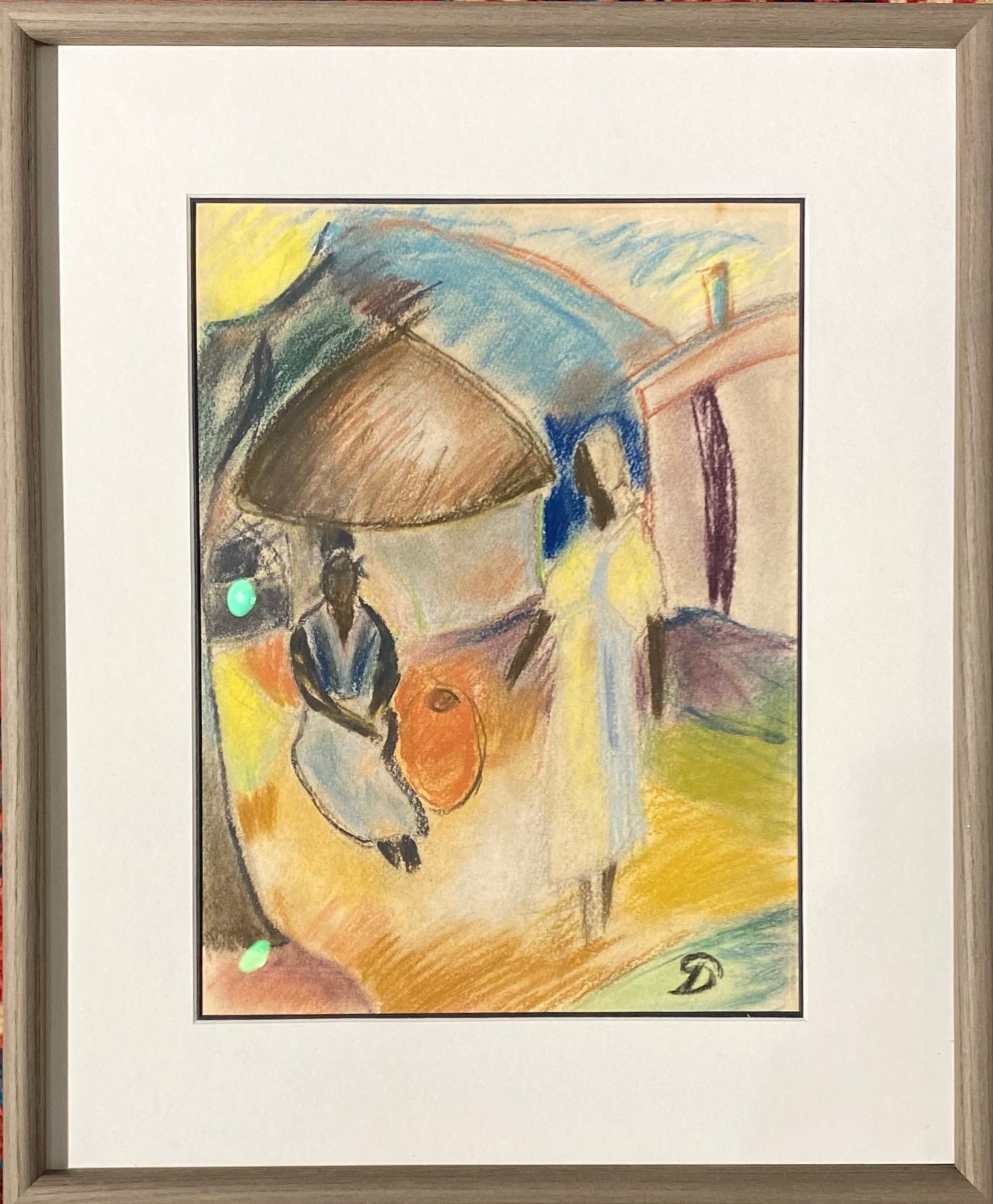 Pranas Domšaitis | Moterys prie namelių | Pastelė, popierius, 38x26,5 (51x42)