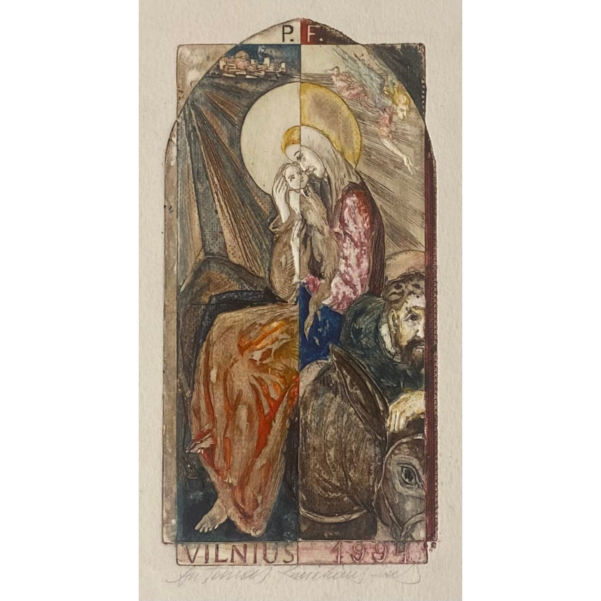 Antanas Kmieliauskas | Sveikinimo atvirukas P.F. 1994 | Pop., autorinė technika (spalv. tekstolito estampas), 13x6,5