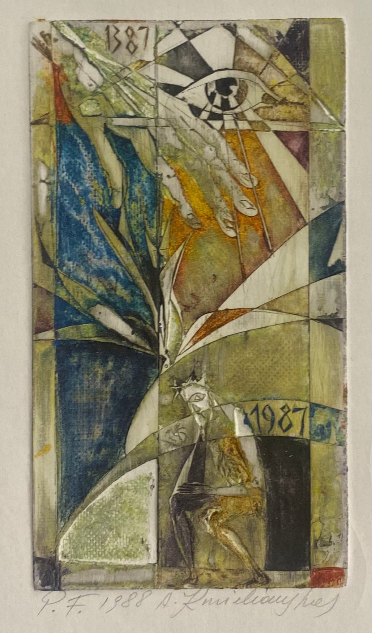 Antanas Kmieliauskas | Sveikinimo atvirukas P.F. 1988 | Pop., autorinė technika (spalv. tekstolito estampas), 12x6,5