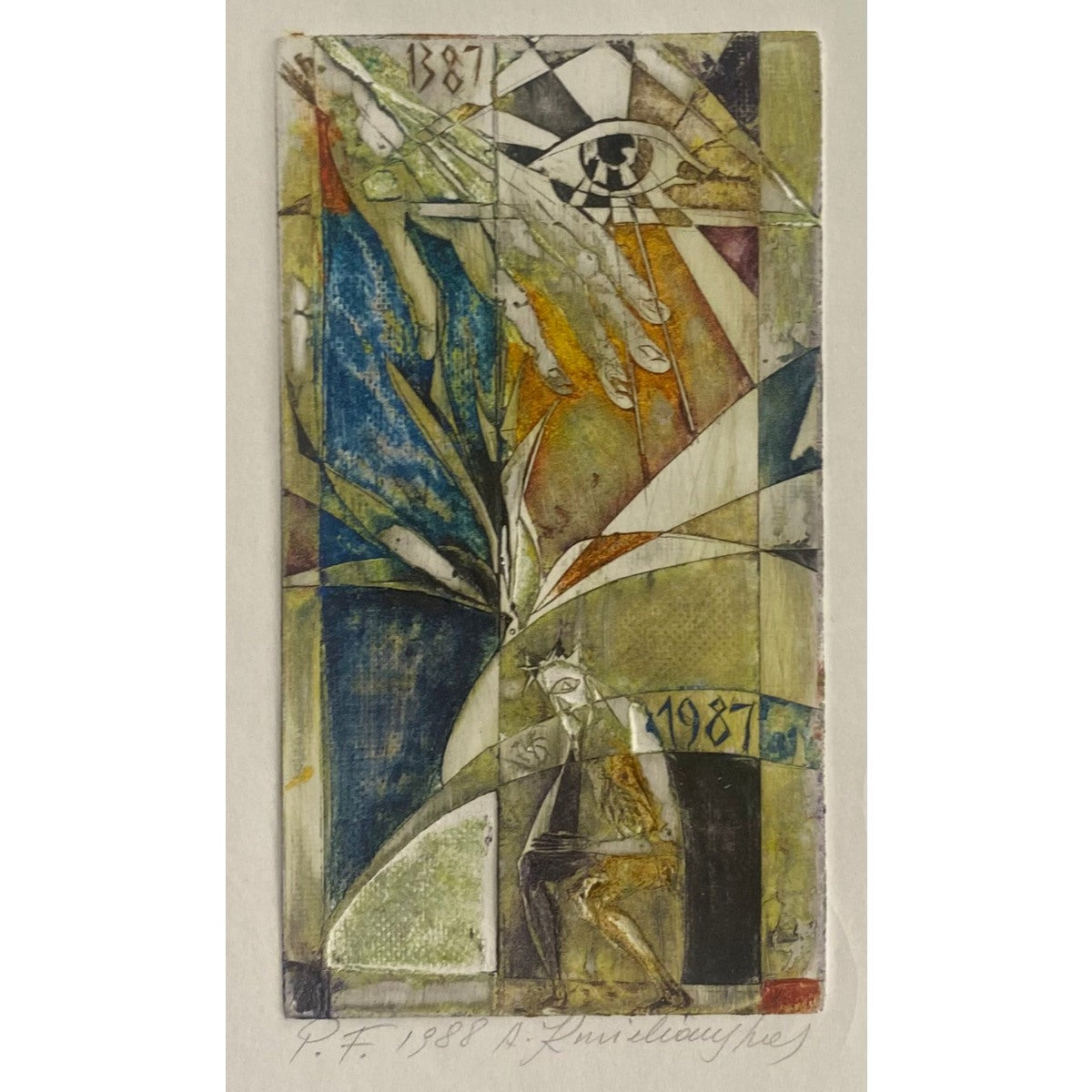 Antanas Kmieliauskas | Sveikinimo atvirukas P.F. 1988 | Pop., autorinė technika (spalv. tekstolito estampas), 12x6,5