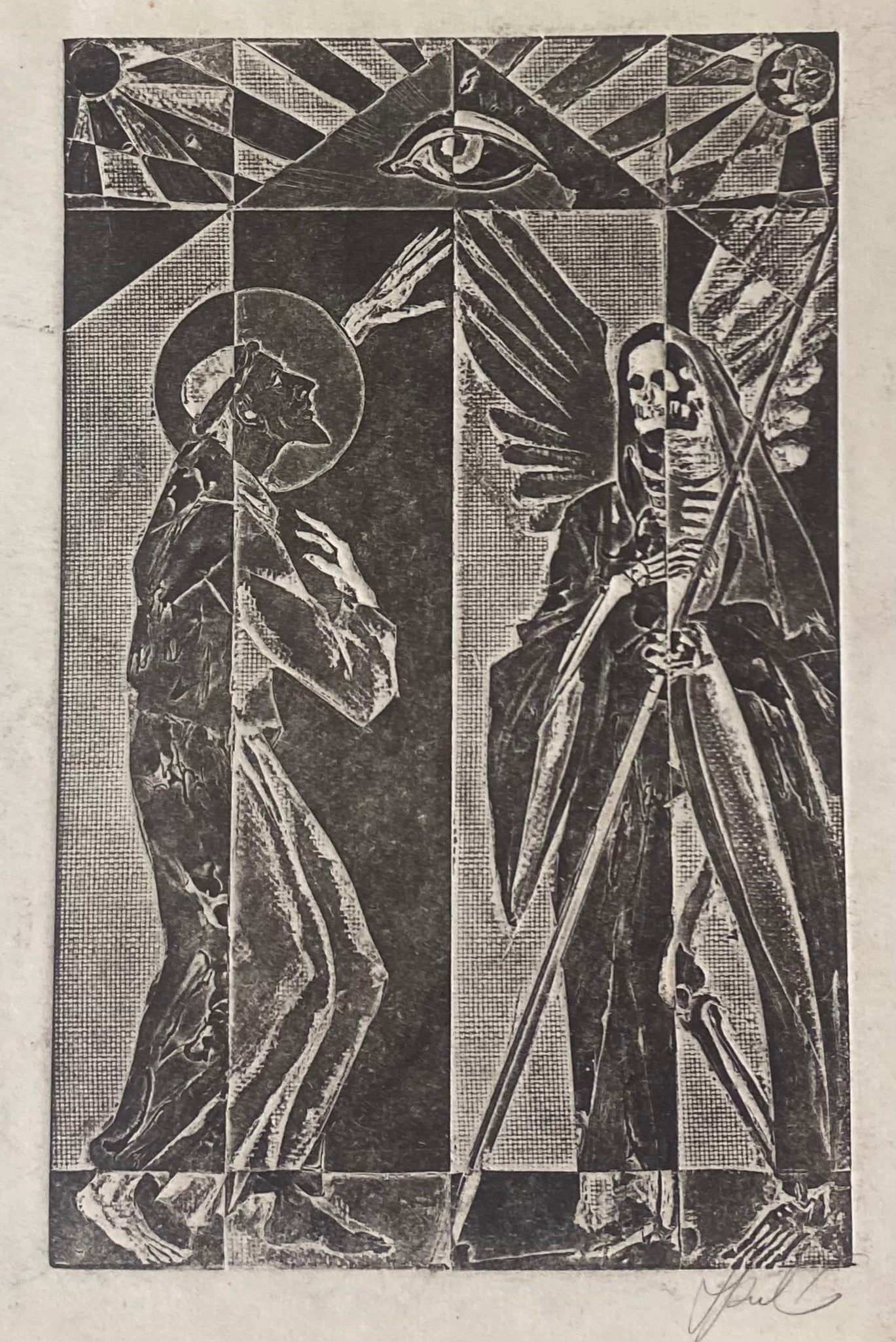 Antanas Kmieliauskas | Šv. Pranciškus ir Sesuo Mirtis | Pop., autorinė technika (spalv. tekstolito estampas), 13x8,5