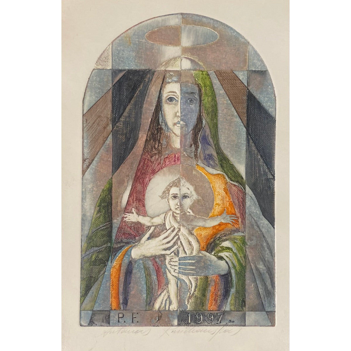 Antanas Kmieliauskas | Sveikinimo atvirukas P.F. 1997 | Pop., autorinė technika (spalv. tekstolito estampas), 18x11