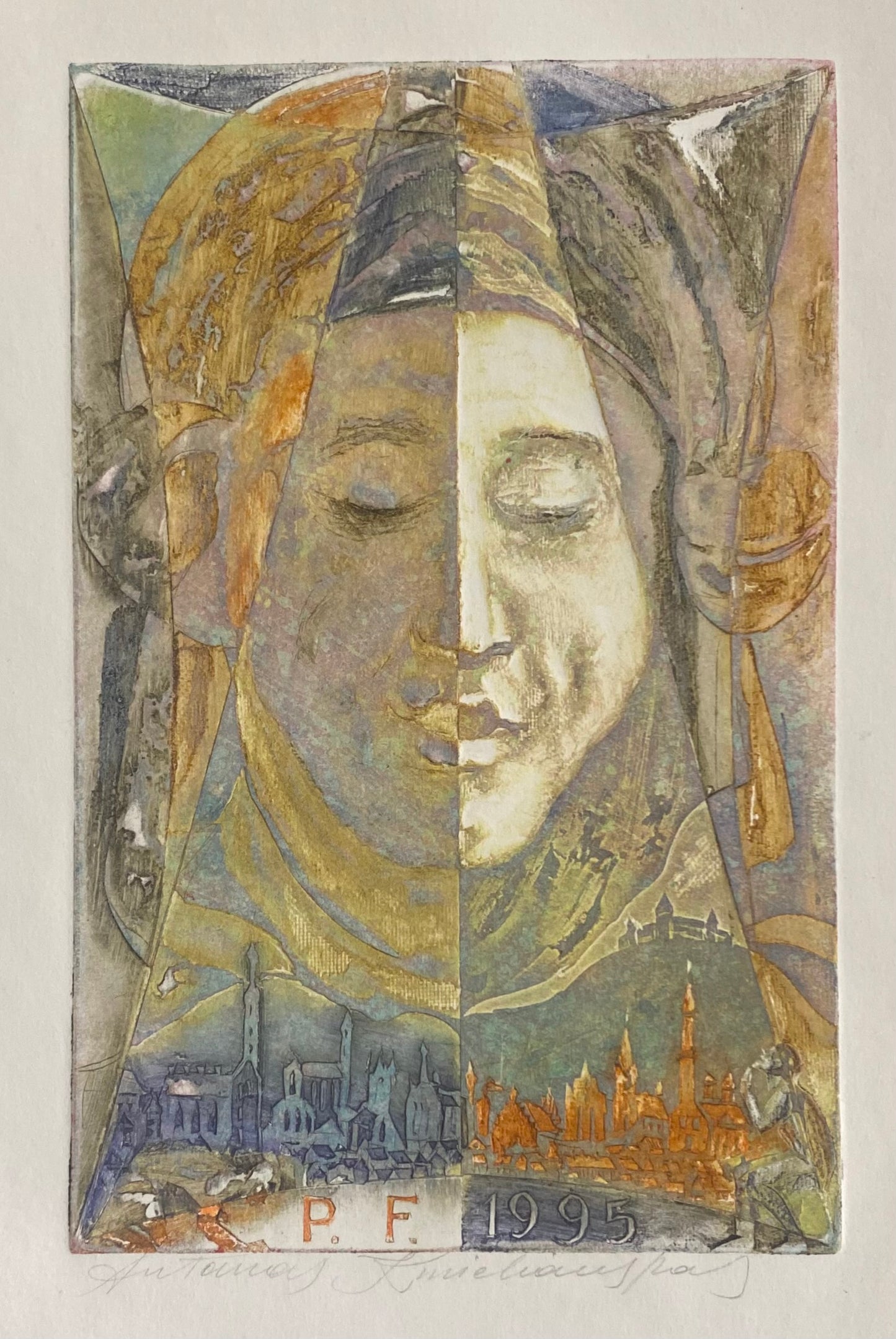 Antanas Kmieliauskas | Sveikinimo atvirukas P.F. 1995 | Pop., autorinė technika (spalv. tekstolito estampas), 16x10,5