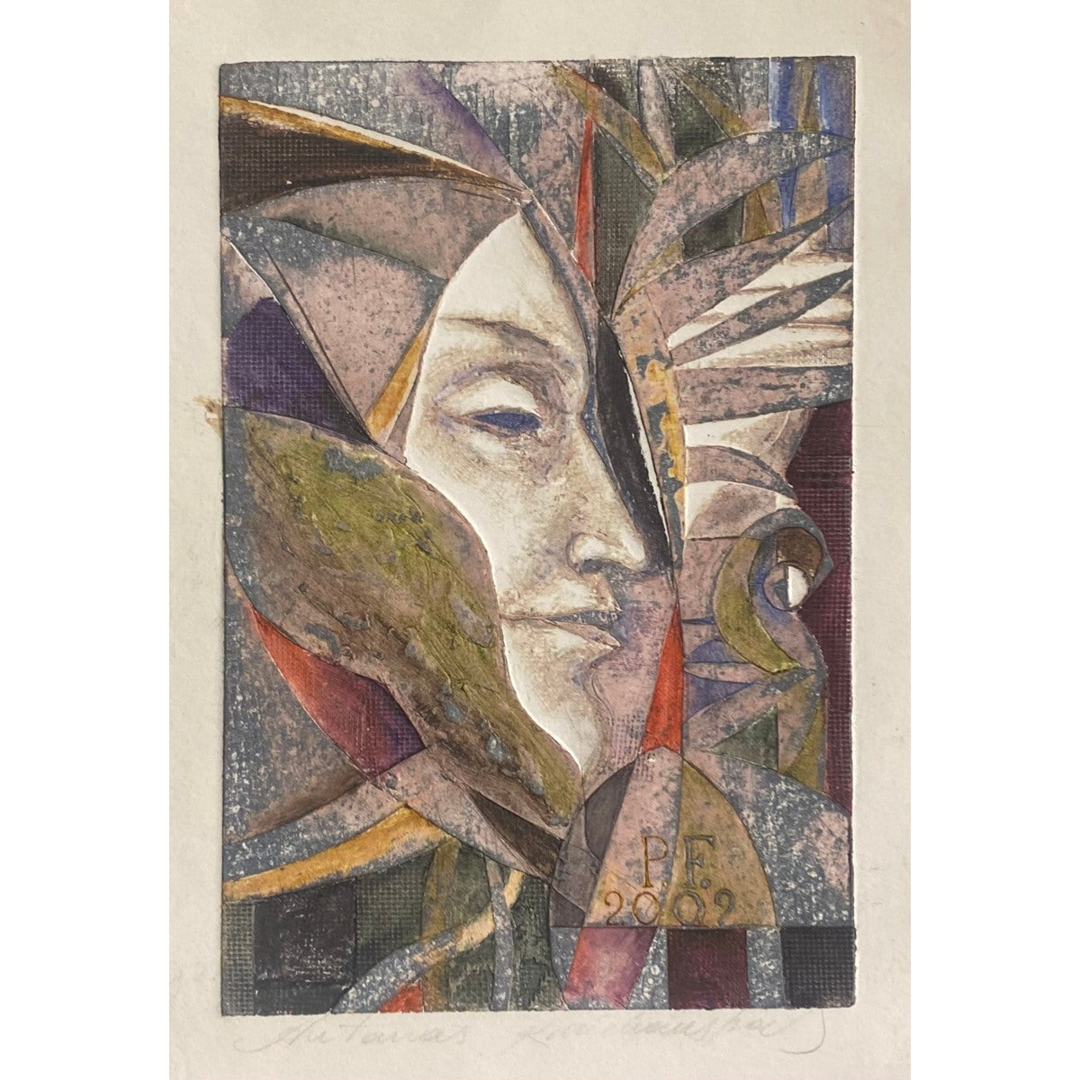 Antanas Kmieliauskas | Sveikinimo atvirukas P.F. 2002 | Pop., autorinė technika (spalv. tekstolito estampas), 17x11