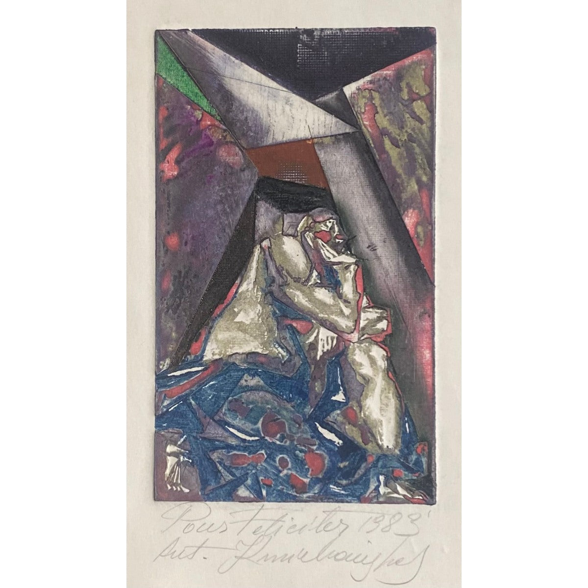 Antanas Kmieliauskas | Sveikinimo atvirukas P.F. 1983 | Pop., autorinė technika (spalv. tekstolito estampas), 11,4x7,8