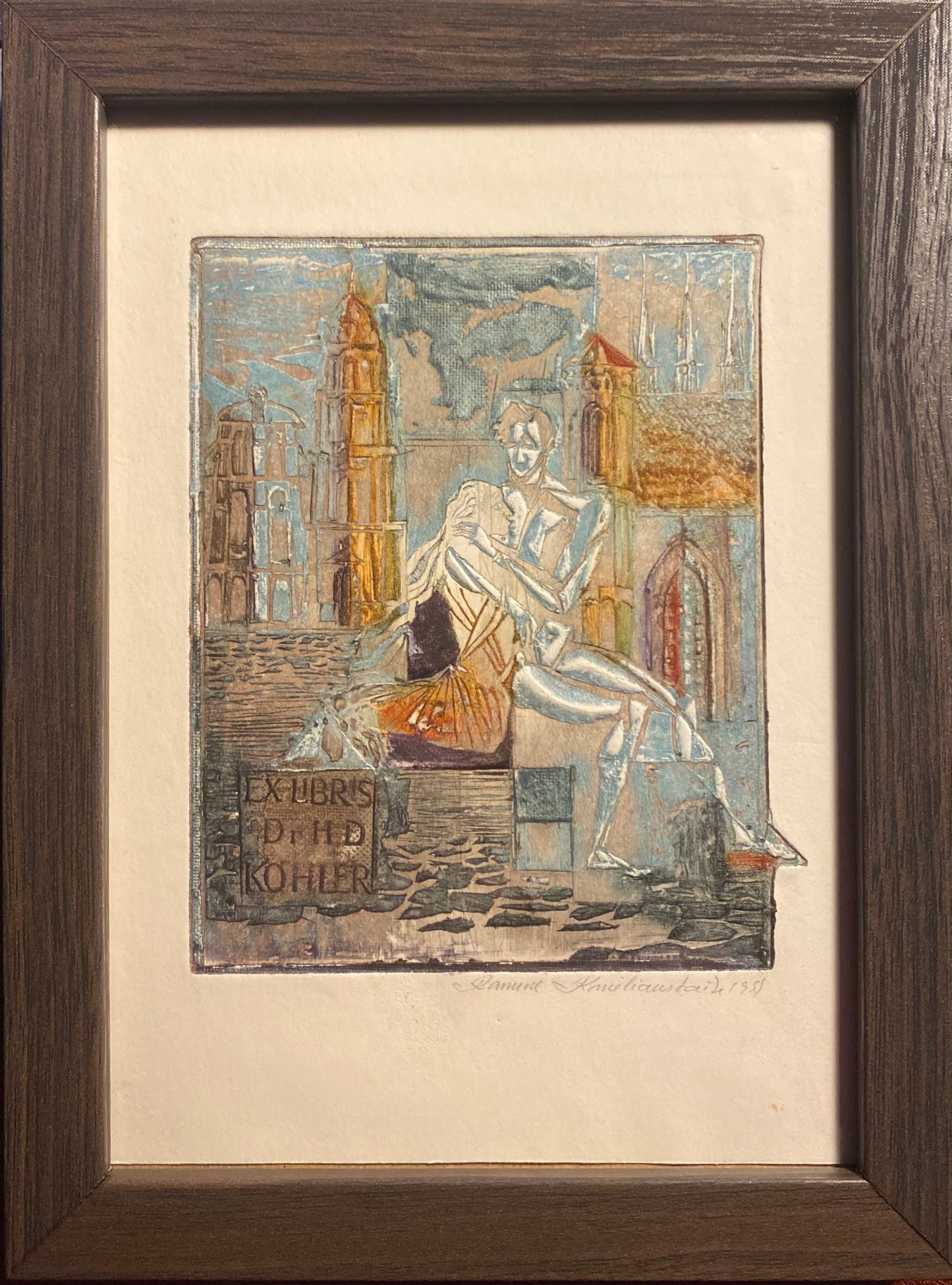 Ramunė Kmieliauskaitė | Exlibris Hans Dieter Köhler, 1993 | Paper, author's technique (coloured textile lithograph), 11,5x9,9 (20x15)