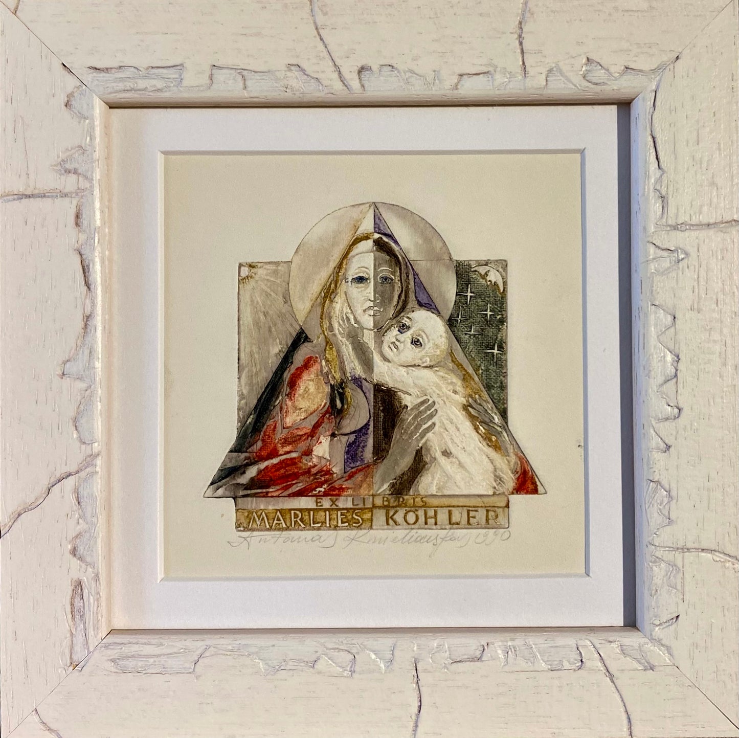 Antanas Kmieliauskas | Exlibris Marlies Köhler, 1990 | Paper, author's technique (coloured textile lithograph), 8,8x9,4 (19,x19,5)