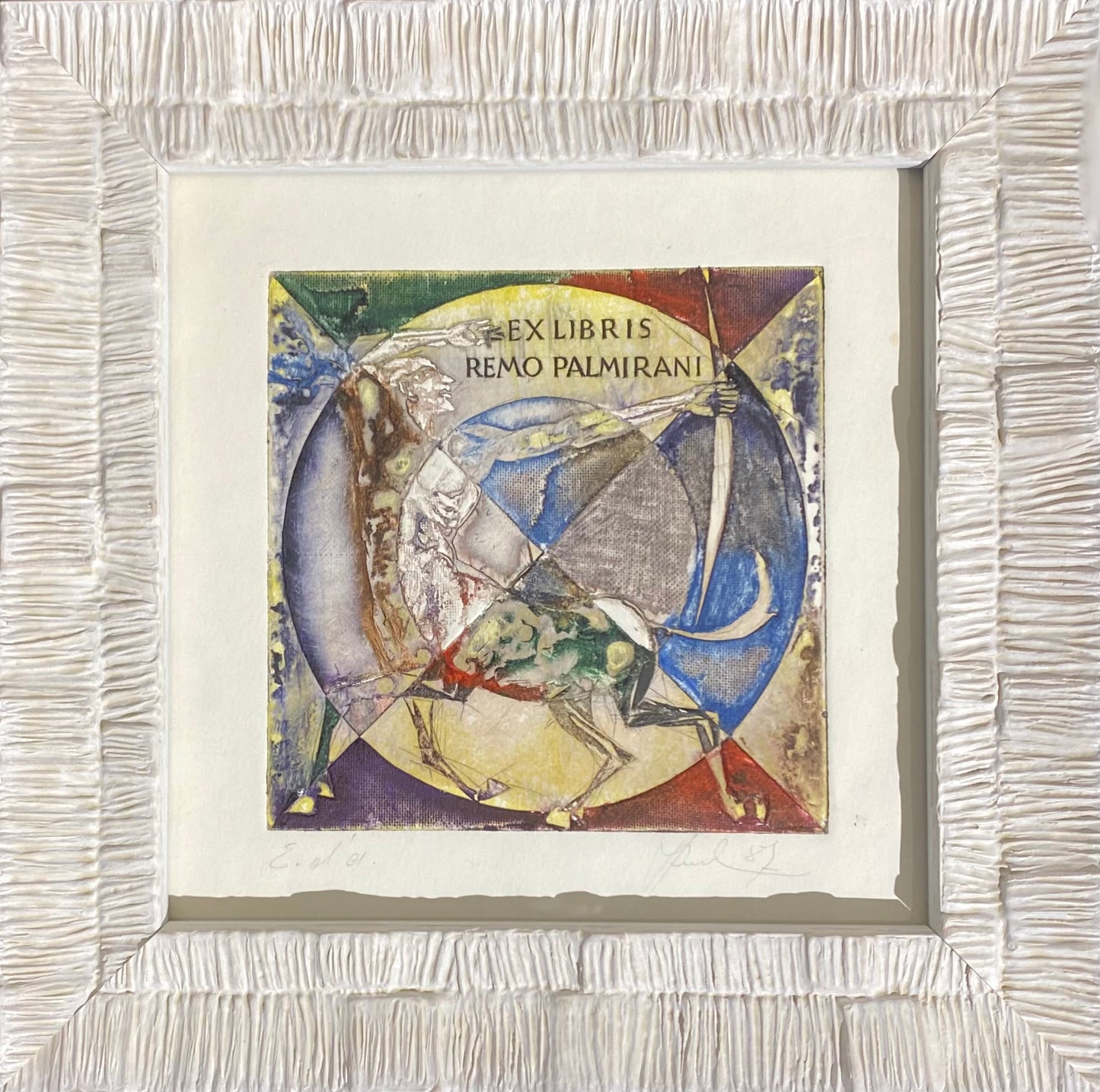Antanas Kmieliauskas | Exlibris Remo Palmirani, 1987 | Paper, author's technique (coloured textile lithograph), 10,5x10,5 (20x20)