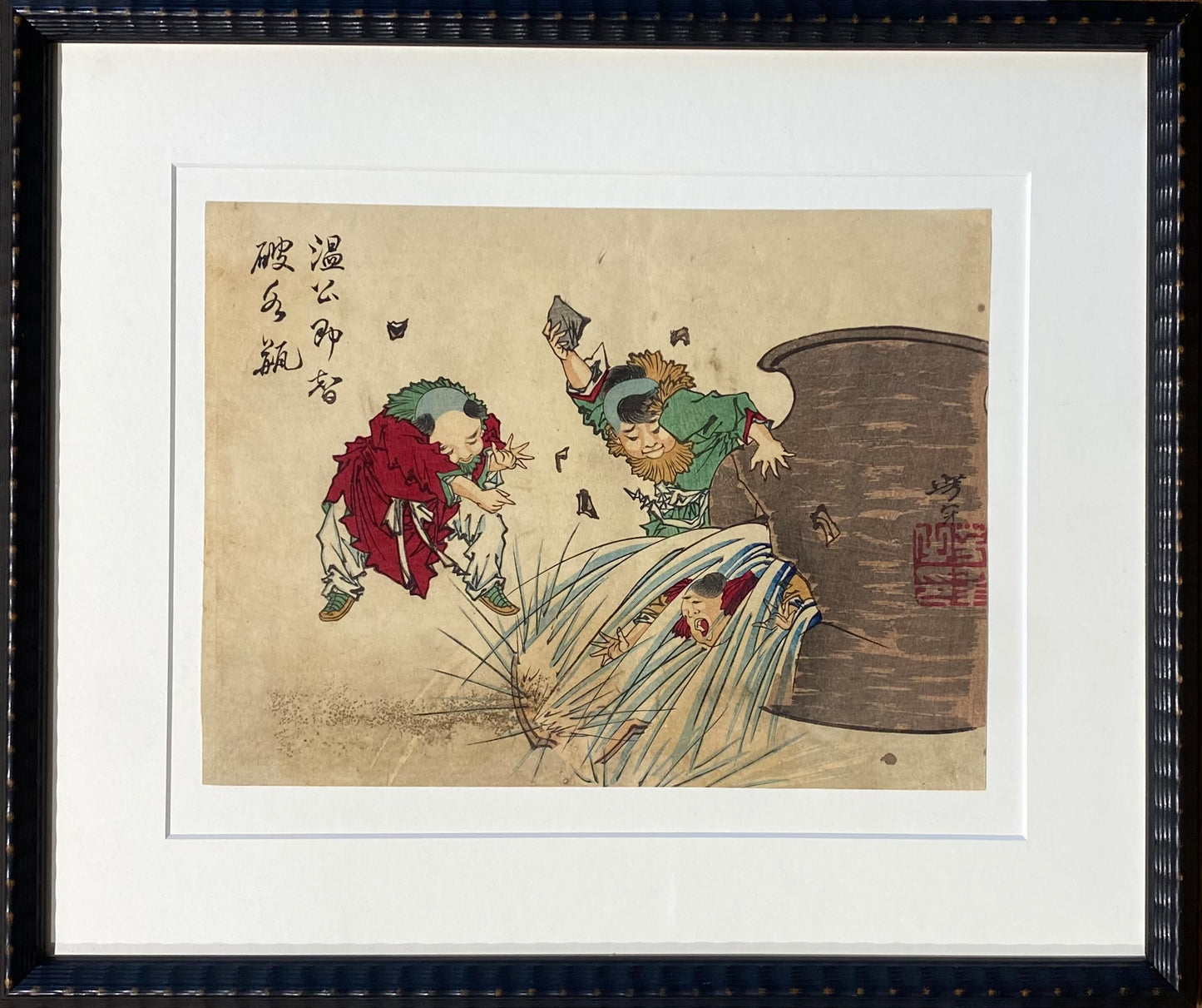 Tsukioka Yoshitoshi (月岡芳年) (1839-1892) | Onkō sudaužo indą ir išgelbsti vaiką | 1882 | Medžio graviūra, 19x23 (29,5x35)