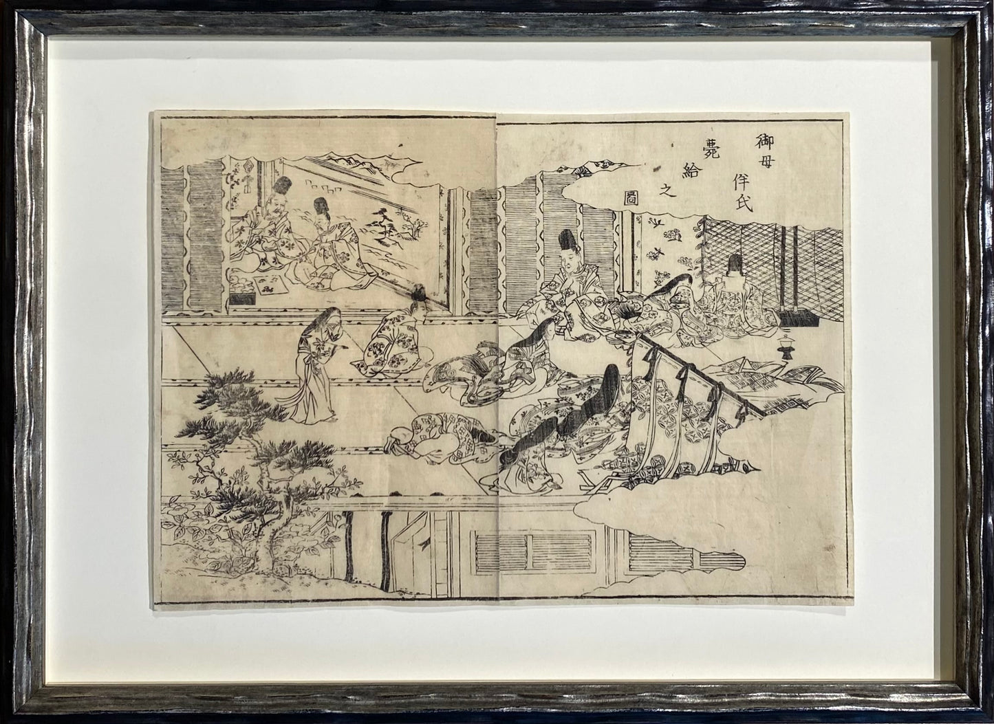 Hishikawa Moronobu (atrib. / workshop) (菱川師宣, 1618–1694) |Heiano laikotarpio rūmų interjeras (dvigubas atvartas), 1675-1690 | Medžio graviūra, | 21x30 (32x43)