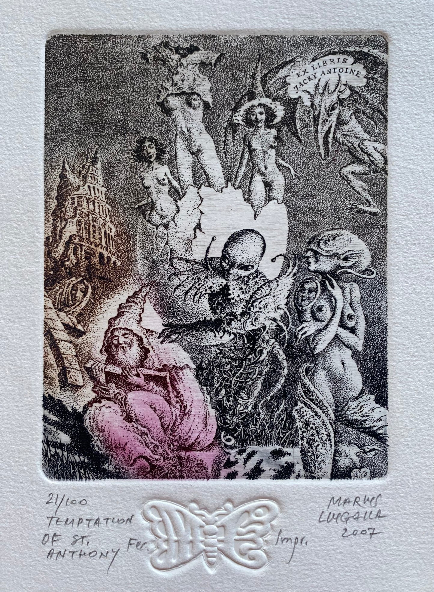 Marius Liugaila | Temptation of St. Anthony / Šv. Antano gundymas, 2007 | Popierius, ofortas, mecotinta, 12,6x9,7 (23,5x17,5)