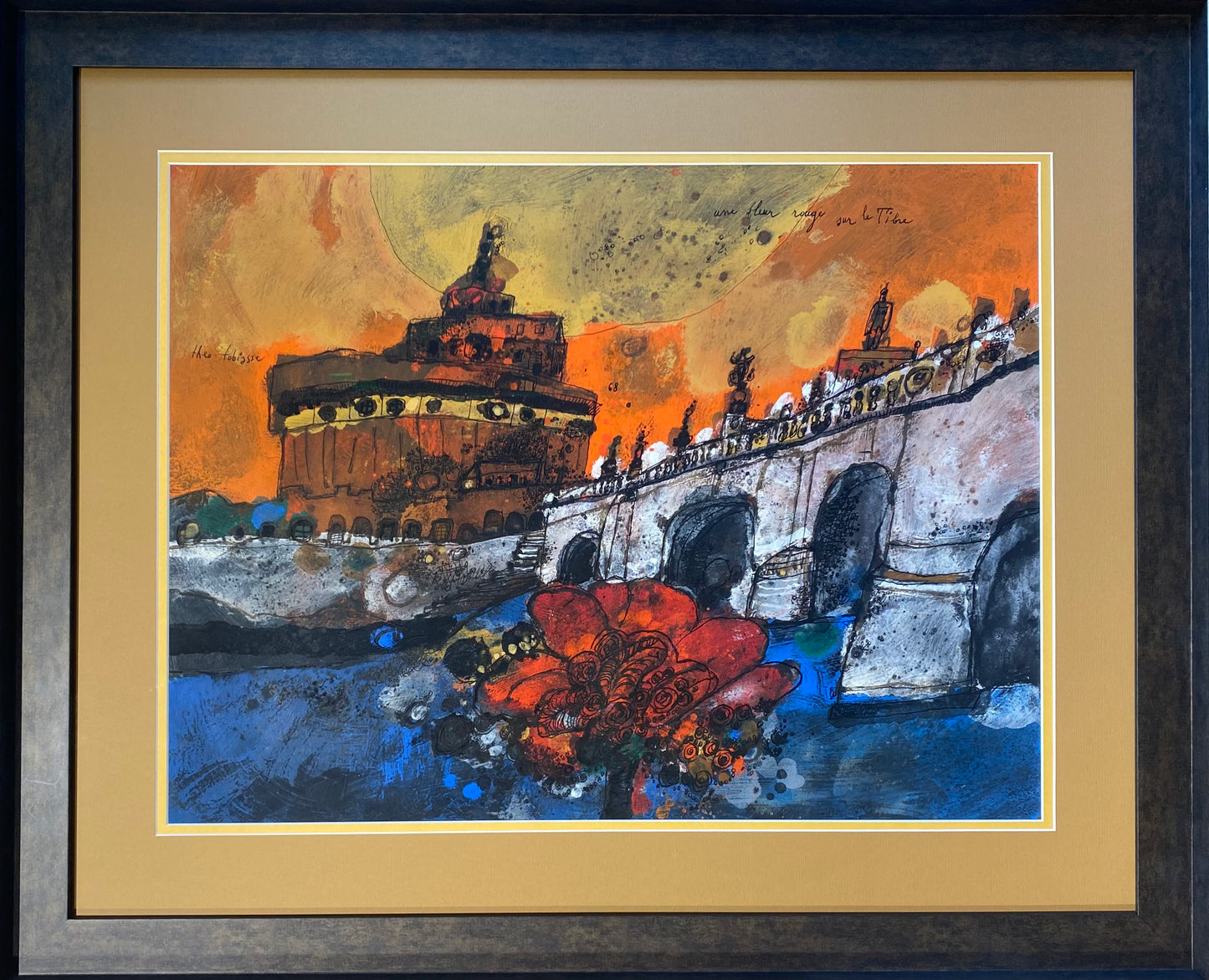 Theo Tobiasse | Un fleur rouge sur le Tibre / Raudona gėlė virš Tibro, 1968 | Guašas, tušas, popierius, 50x66 (72,5x88,5)