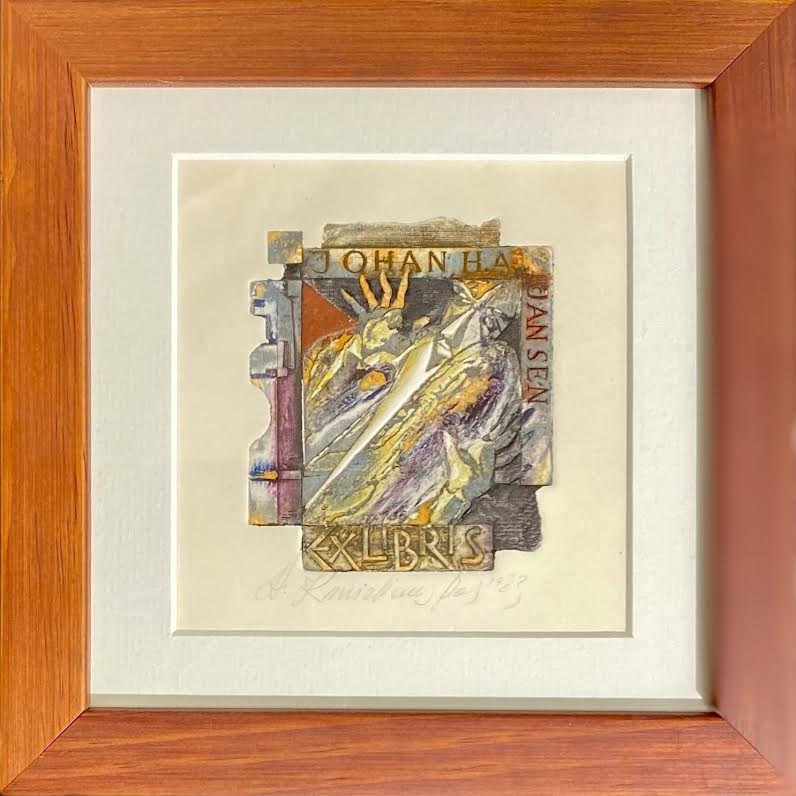 Antanas Kmieliauskas | Ekslibris Johan H.A. Jansen, 1983 | Pop., autorinė technika (spalv. tekstolito estampas), 7,9x6,8 (17,5x17,5)