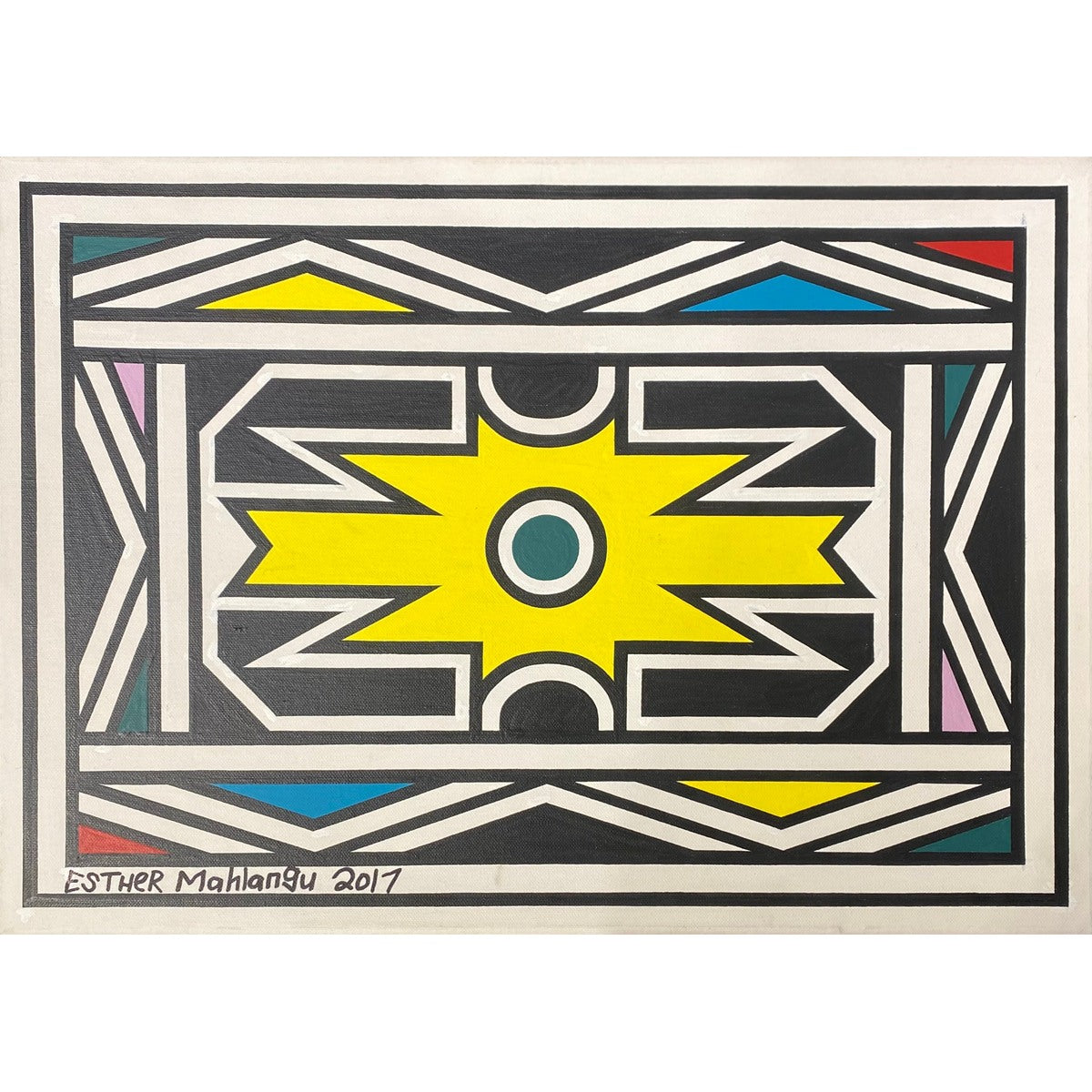 Esther Mahlangu (g. 1935, PAR) | Ndebele Pattern, 2017 | Akrilas, drobė, 42x59 (47,5x64,5)