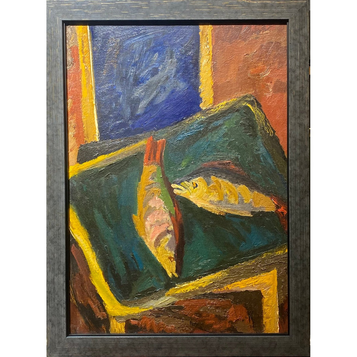 Rima Jankauskaitė-Miknevičienė | Natiurmortas su karpiais, 1972 | Aliejus, kartonas 70x50 (77x57)