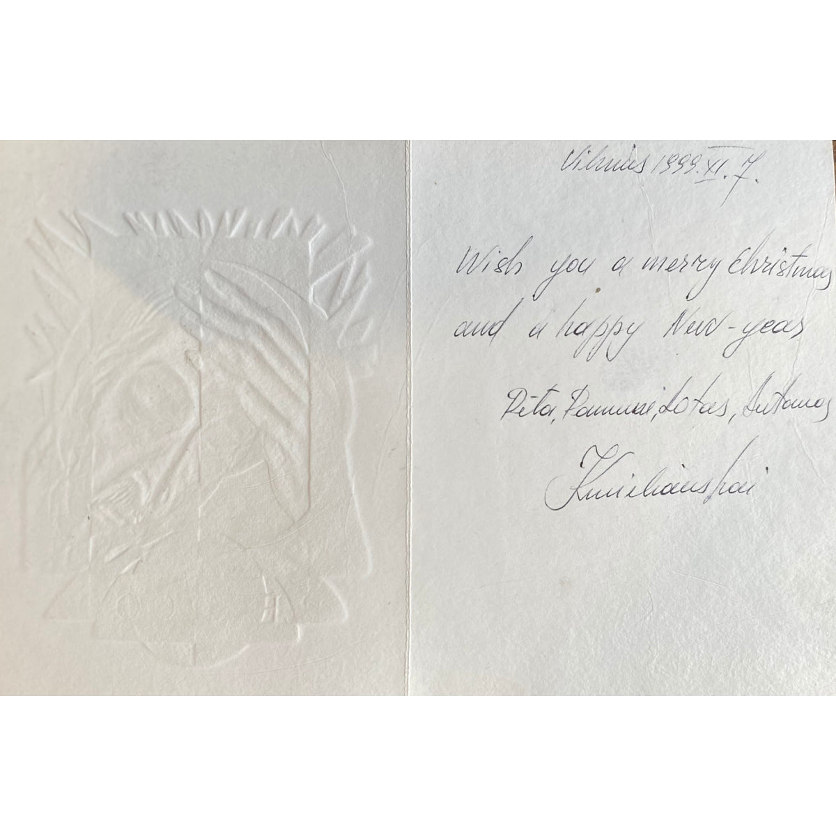 Antanas Kmieliauskas | Sveikinimo atvirukas P.F. 2000 | Pop., autorinė technika (spalv. tekstolito estampas), 11,5x9