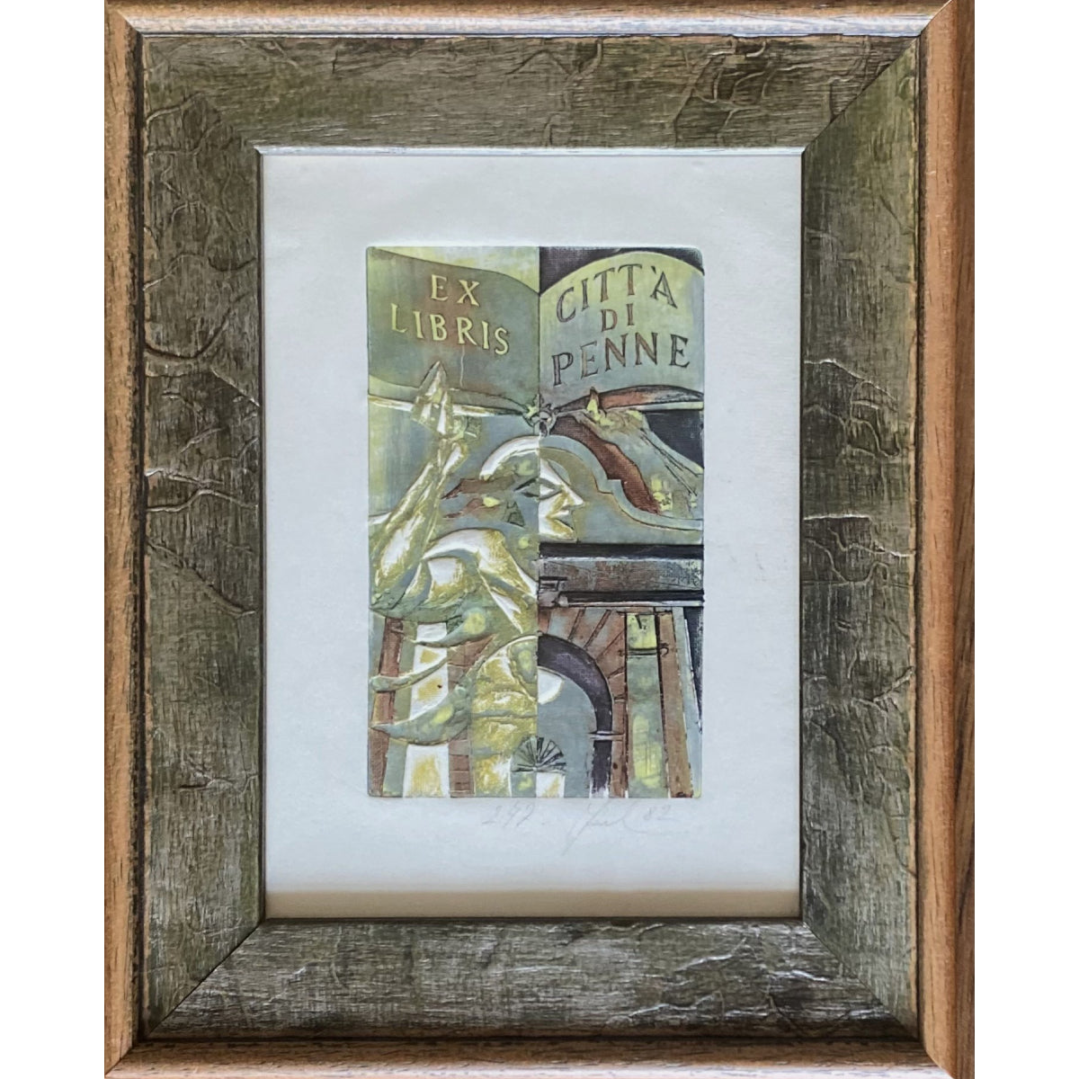 Antanas Kmieliauskas | Ekslibris Citt’a Di Penne, 1982 | Pop., autorinė technika (spalv. tekstolito estampas), 12,2x7,5 (23,5x18,5)