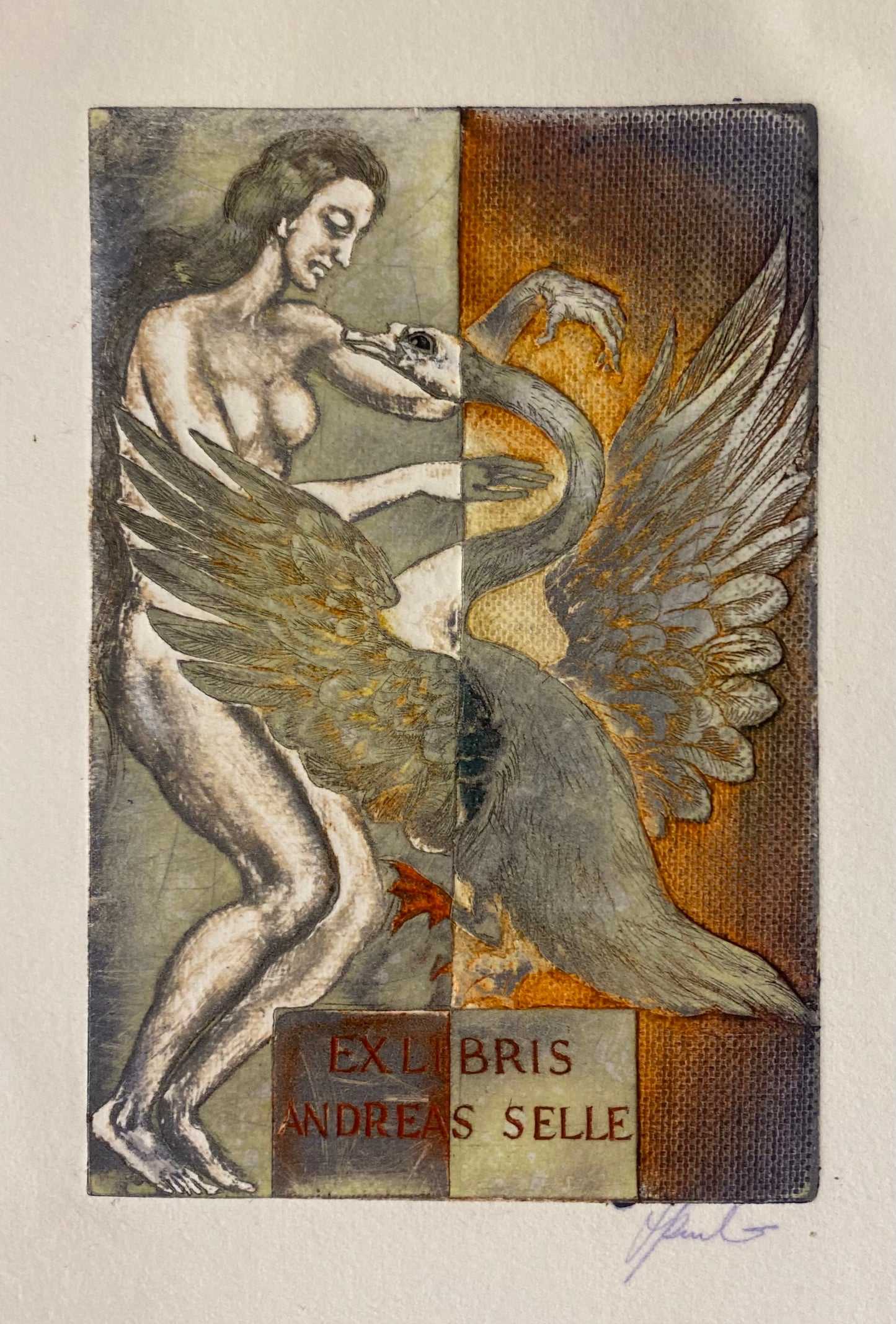 Antanas Kmieliauskas | Ekslibris Andreas Selle, 1993 | Pop., autorinė technika (spalv. tekstolito estampas), 11,5x7,5