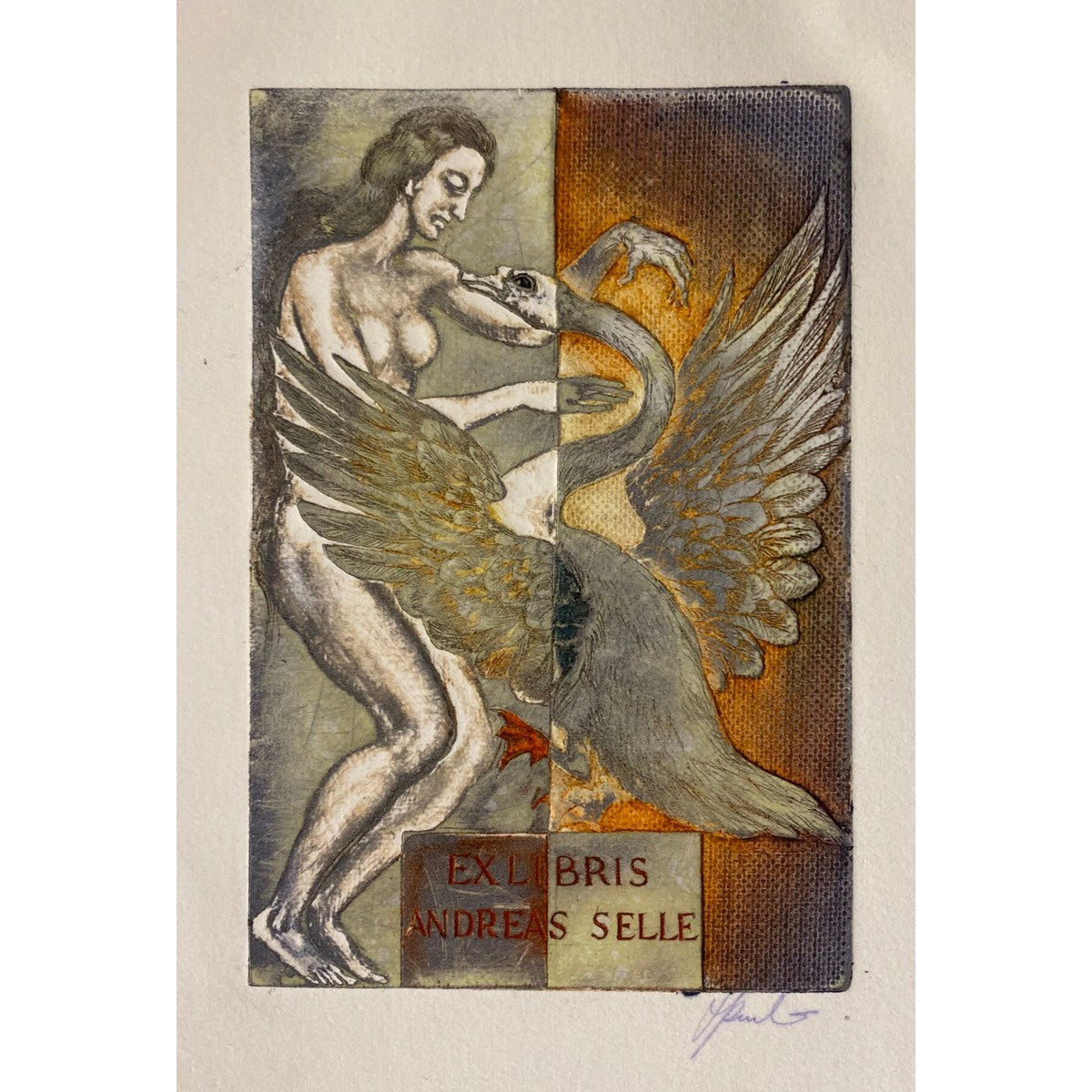 Antanas Kmieliauskas | Ekslibris Andreas Selle, 1993 | Pop., autorinė technika (spalv. tekstolito estampas), 11,5x7,5