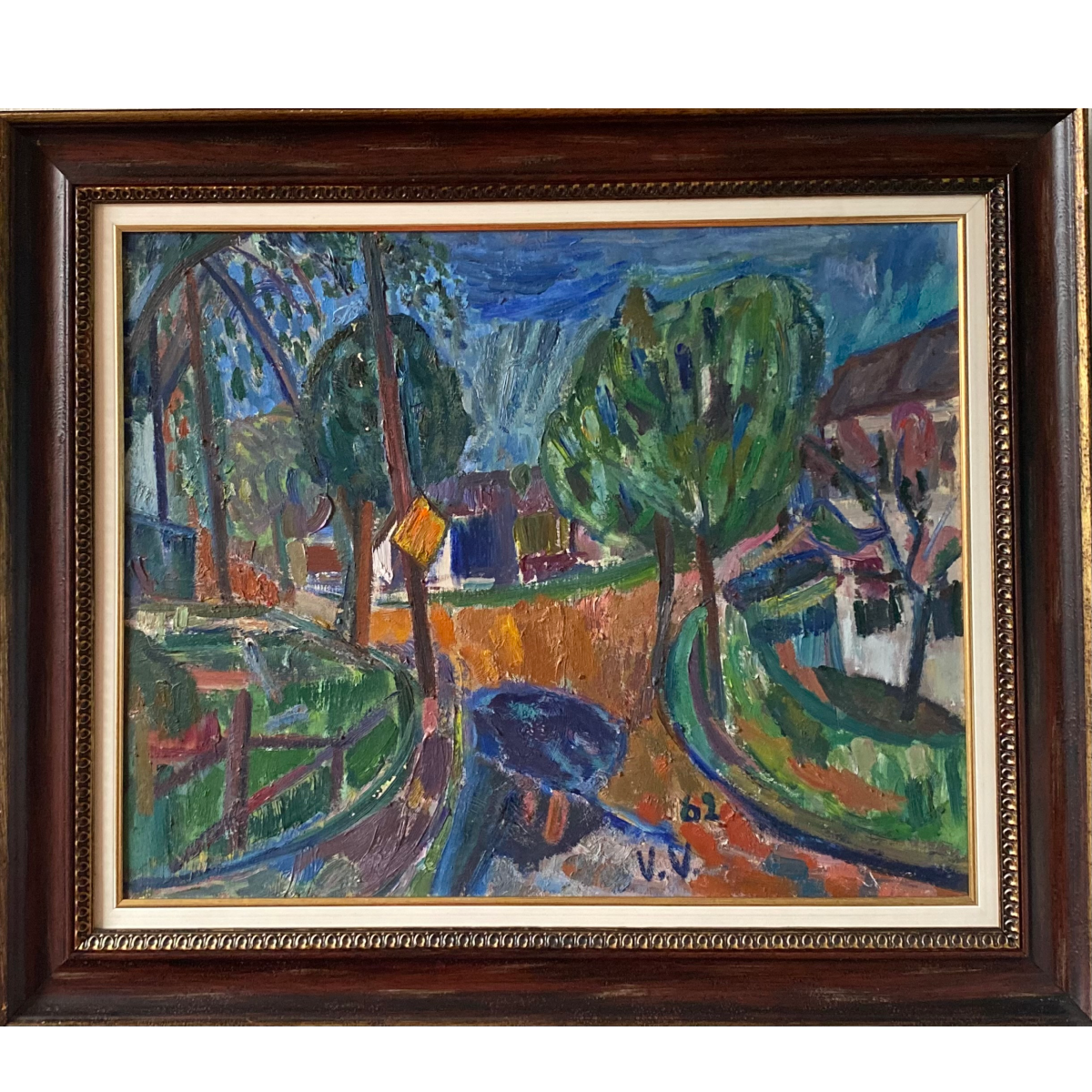 Viktoras Vizgirda | Landscape with Houses / Peizažas su namais, 1962 | Aliejus drobė, 60x77 (80x96)
