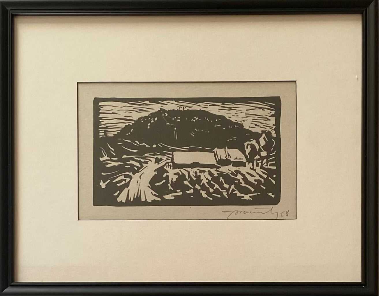 Albinas Načiulis | Kaimo peizažas, 1958 | Linoraižinys, 9,5x16,5 (26x33)