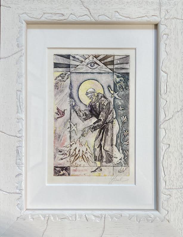 Antanas Kmieliauskas | St. Francis and the Birds  | Paper, author's technique (coloured textile lithograph), 13x8 (25,5x19,5)