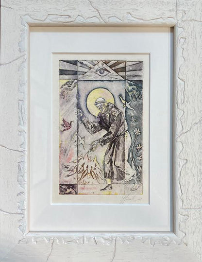 Antanas Kmieliauskas | St. Francis and the Birds  | Paper, author's technique (coloured textile lithograph), 13x8 (25,5x19,5)