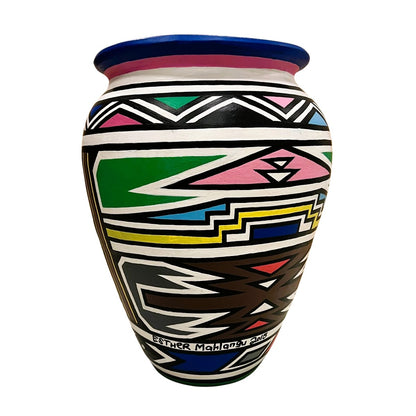 Esther Mahlangu – Ndebele Design, 2015, acrylic on clay pot, 57x42 cm