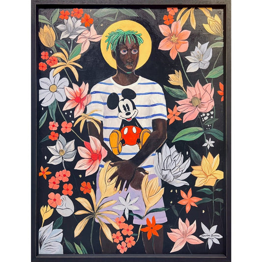 Samson Bakare – Simba in Mickey Mouse Top, 2021, akrilas, drobė, 122x92 cm (su rėmu 127x97 cm)