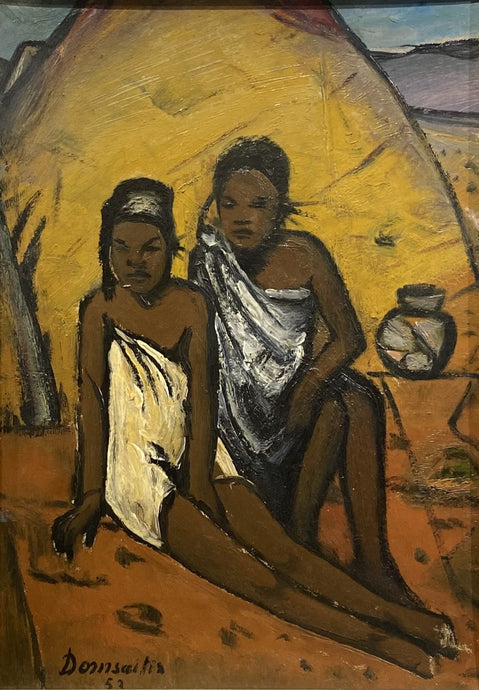 Pranas Domšaitis | Dvi moterys prie trobelės, 1953 | Aliejus, kartonas, 48x34 (63x48,5)