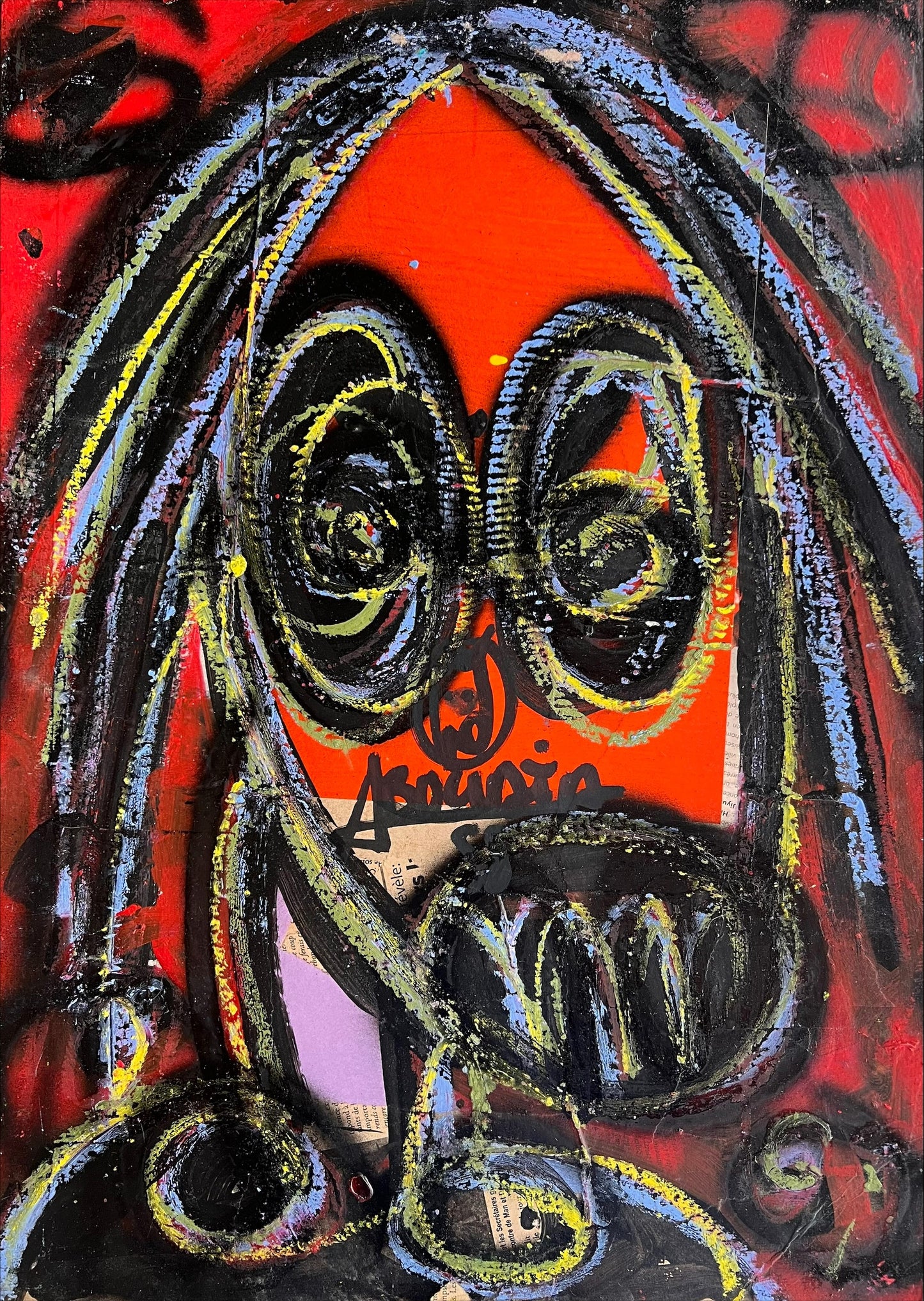 Aboudia | Be pav., 2023 | Akrilas, koliažas, kartonas, 58x41 (65,5x48,5)