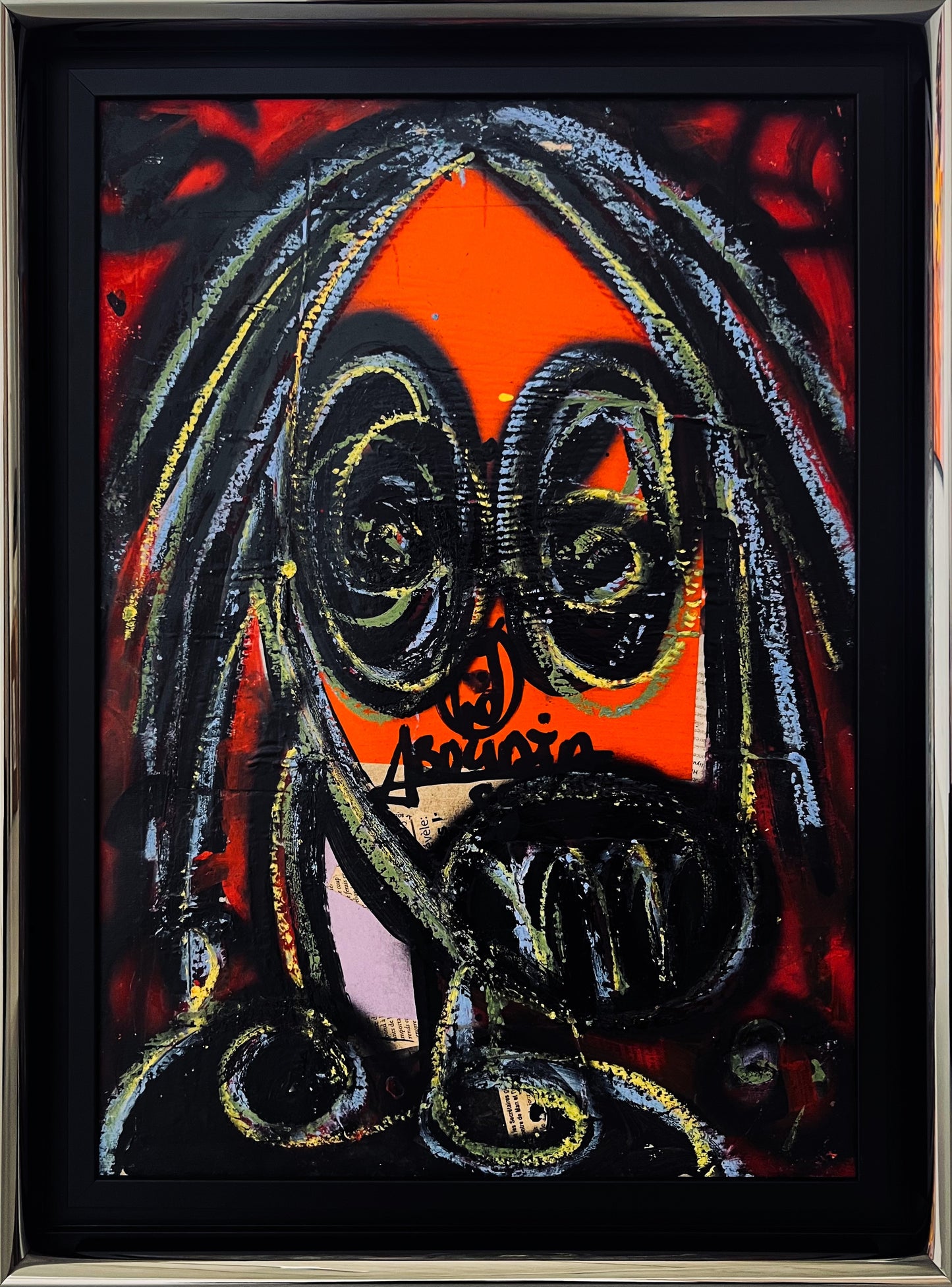 Aboudia | Be pav., 2023 | Akrilas, koliažas, kartonas, 58x41 (65,5x48,5)