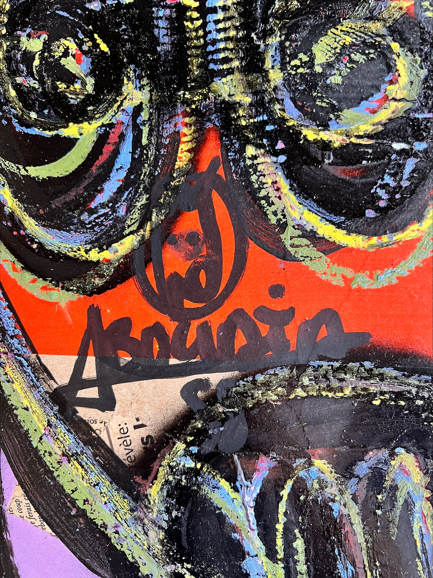 Aboudia | Be pav., 2023 | Akrilas, koliažas, kartonas, 58x41 (65,5x48,5)