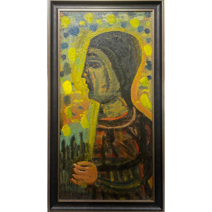 Augustinas Savickas | Woman and Yellow Sky, 1996 | Oil on cardboard, 122x60.5 (137x75)