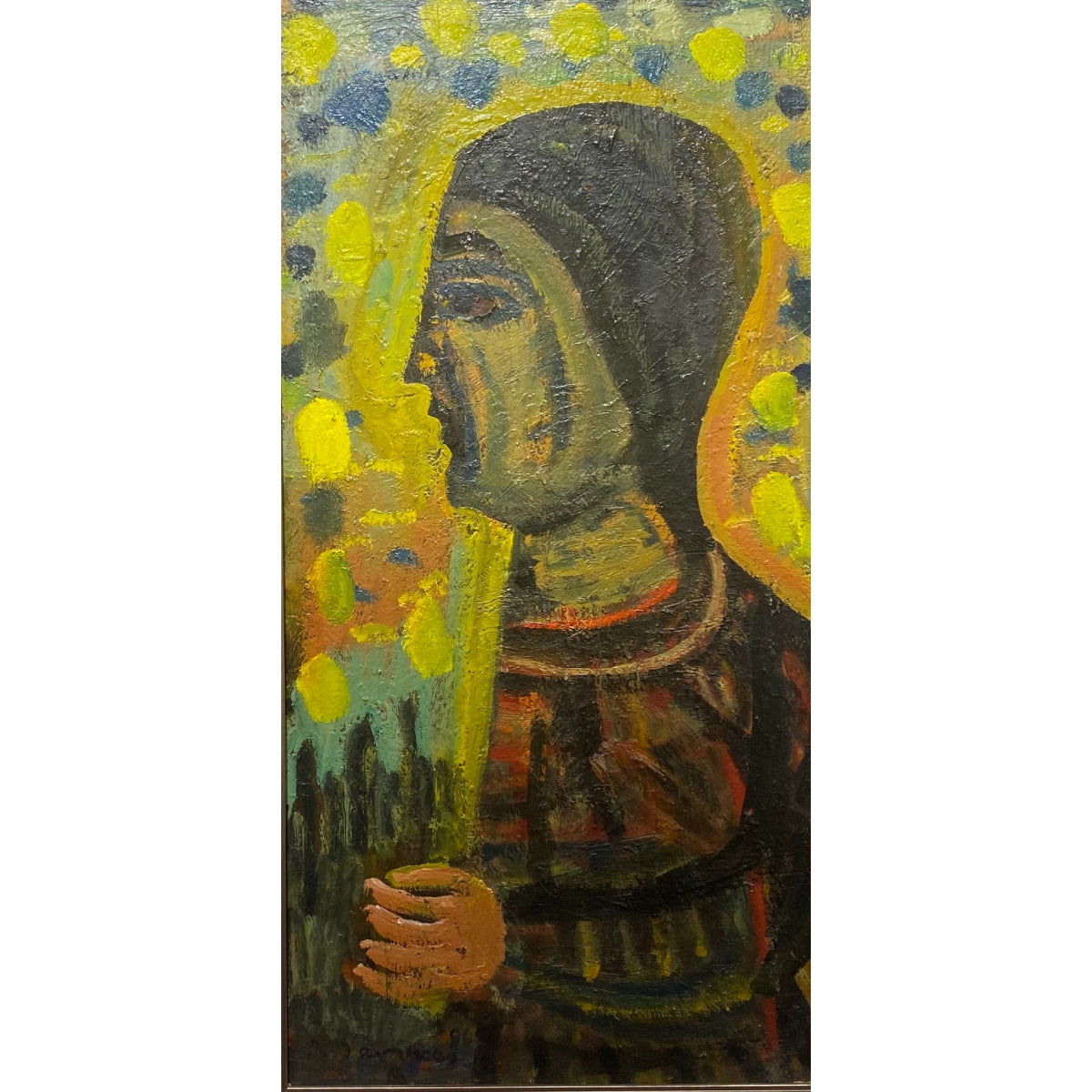 Augustinas Savickas | Woman and Yellow Sky, 1996 | Oil on cardboard, 122x60.5 (137x75)