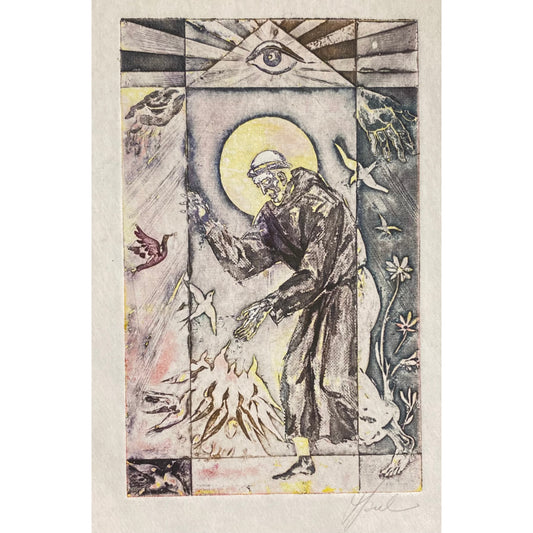 Antanas Kmieliauskas | St. Francis and the Birds  | Paper, author's technique (coloured textile lithograph), 13x8 (25,5x19,5)