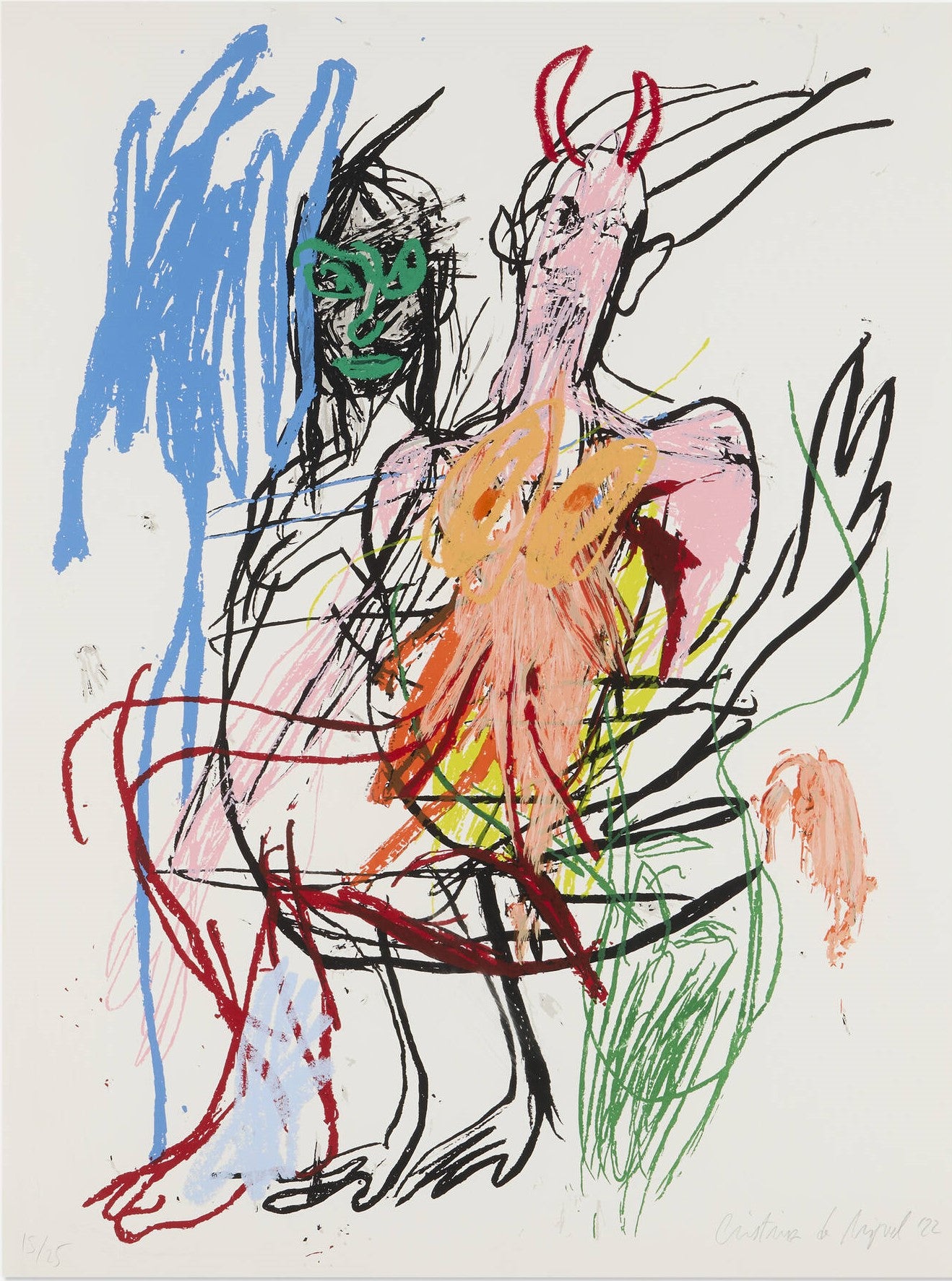 Cristina de Miguel | Two Figures in the Wind, 2022 | Spalvota šilkografija, aliejinė pastelė, popierius, 101,5x76