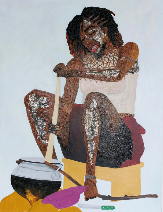 Oscar Quarshie Nelson (Gana) | Where I'm From (Dinnertime), 2022 | Aliejus, akrilas, siūlai, drobė, 147x119 (150x124)