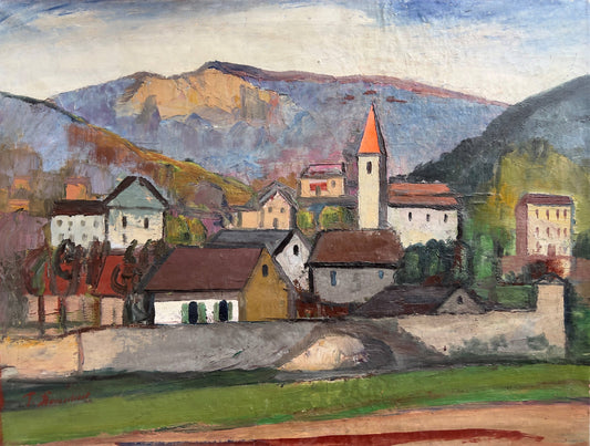 Pranas Domšaitis | Miestelis kalnuose, XX a. 3 deš. | Aliejus, drobė, 61x81,5 (81x101)