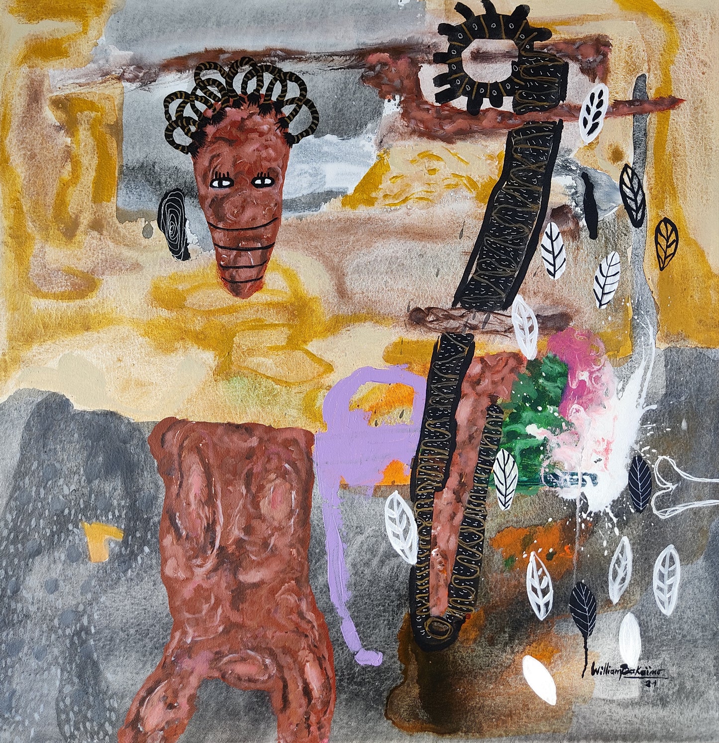 William Bakaïmo (b. 1988, Cameroon) | En chère et en os, 2021 | Mixed media, canvas, 80×80