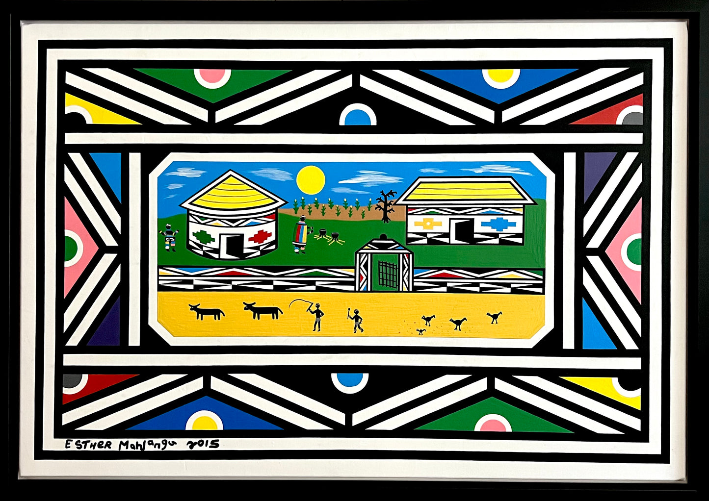 Esther Mahlangu (b. 1935, South Africa) | Ndebele Dwellings, 2015 | Acrylic on canvas, 65x95 (71x101)