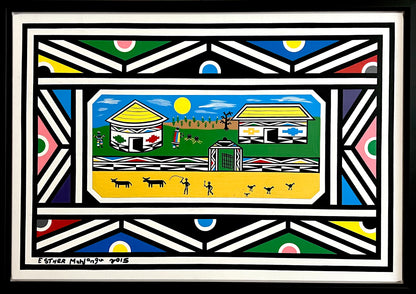 Esther Mahlangu (b. 1935, South Africa) | Ndebele Dwellings, 2015 | Acrylic on canvas, 65x95 (71x101)