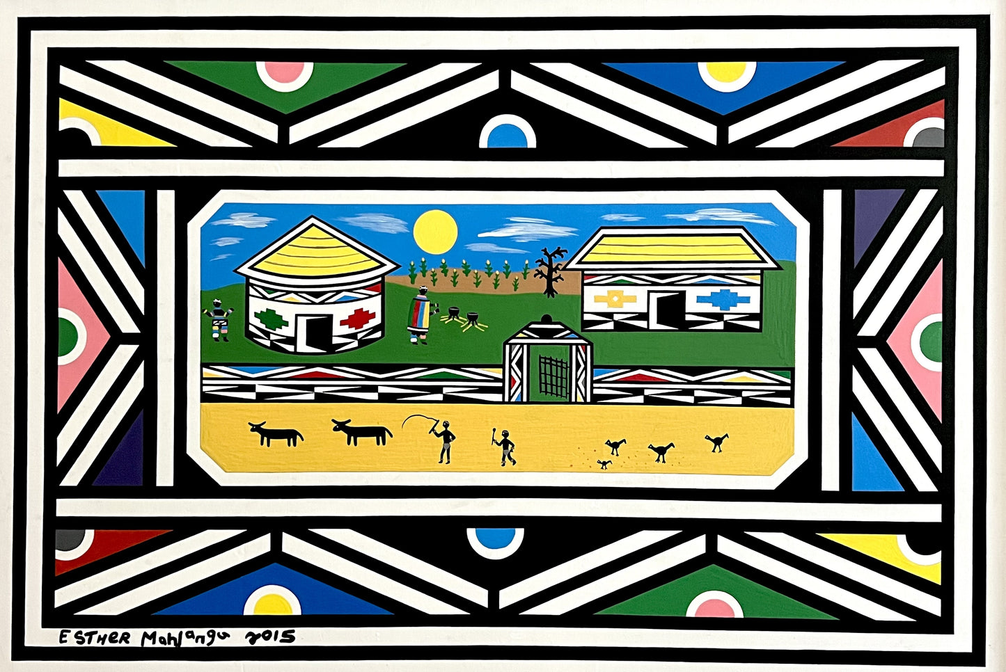 Esther Mahlangu (b. 1935, South Africa) | Ndebele Dwellings, 2015 | Acrylic on canvas, 65x95 (71x101)