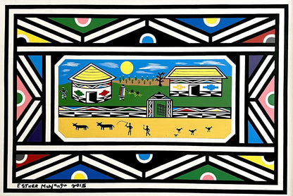 Esther Mahlangu (b. 1935, South Africa) | Ndebele Dwellings, 2015 | Acrylic on canvas, 65x95 (71x101)