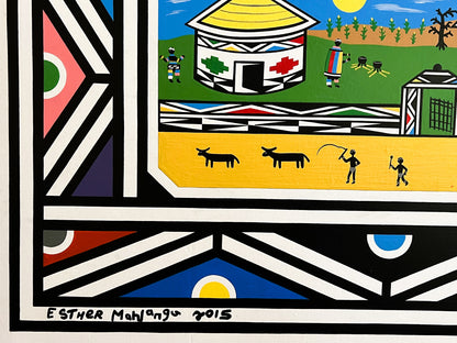 Esther Mahlangu (b. 1935, South Africa) | Ndebele Dwellings, 2015 | Acrylic on canvas, 65x95 (71x101)