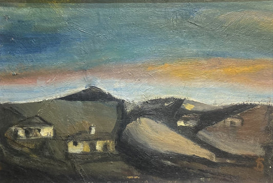 Pranas Domšaitis | Karoo peizažas su namais prieblandoje | Aliejus, kartonas, 35x51 (52x68)