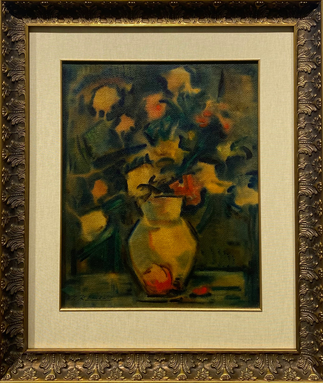 Jonas Rimša<br>Vaza su gėlėmis<br>Akvarėlė, popierius, 50x40 (75x63,5)