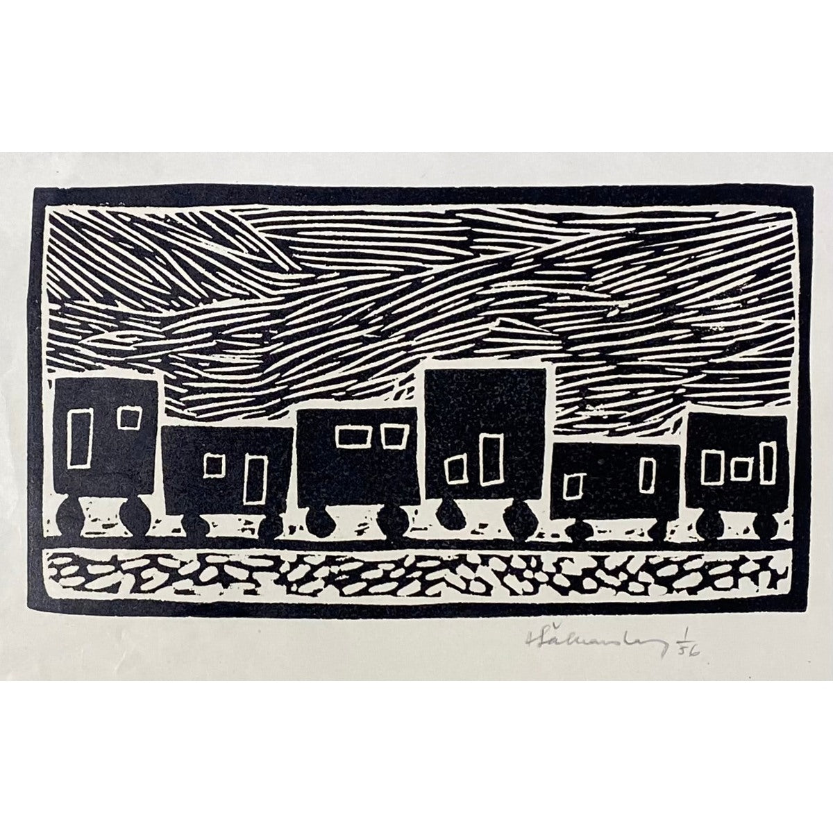 Henry Šalkauskas | The train, 1956 | Linocut, 11x20 (32x41)