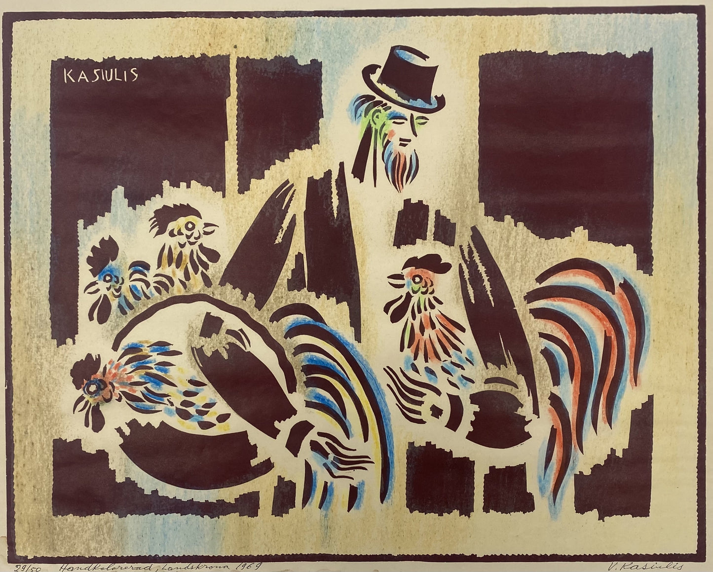 Vytautas Kasiulis | Composition with Roosters, 1969 | Linocut, wax crayons, 44x54 (52x62)